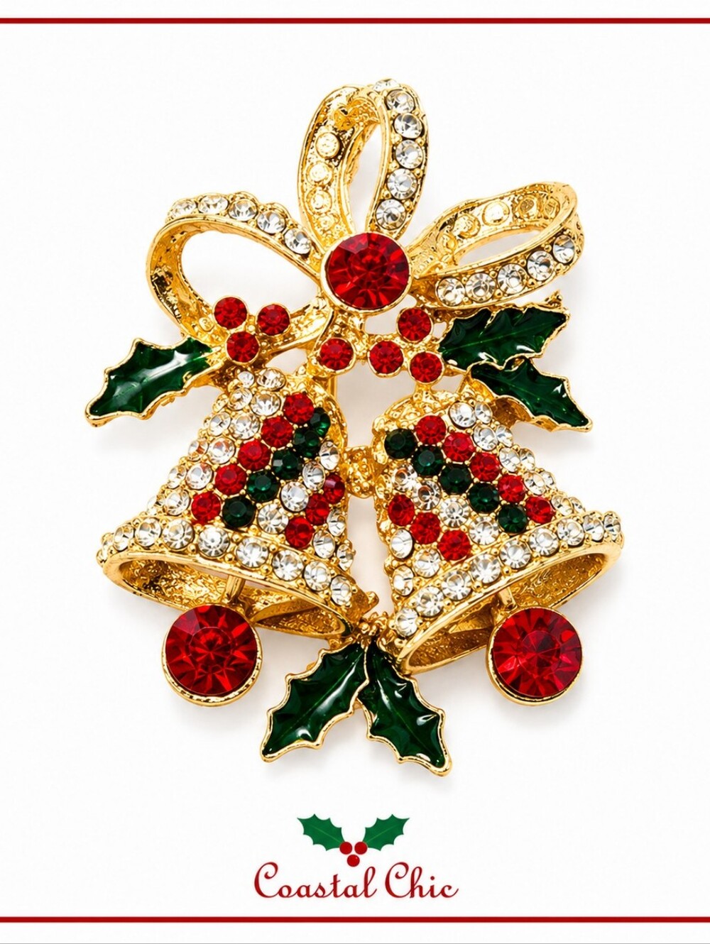 Gold-Tone Red & Green Rhinestone Holiday Bell Brooch